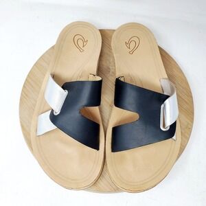 Olukai Nonohe Olu Sandals Womens 7 Black Silver Leather Slide Pool Beach Shoes